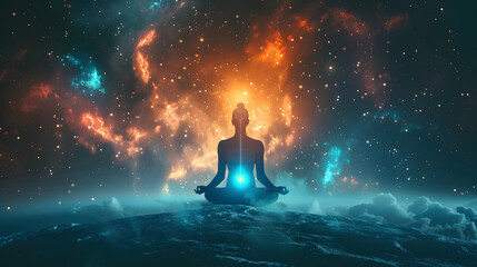 A silhouette of a person meditating with a radiant cosmic background and glowing energy center, representing peace, mindfulness, and a deep connection with the universe.