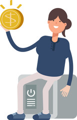 Girl Character Sitting on Safe and Holding Dollar Coin
