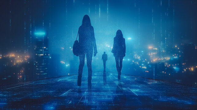 A group of people are walking on a blue floor with a city in the background