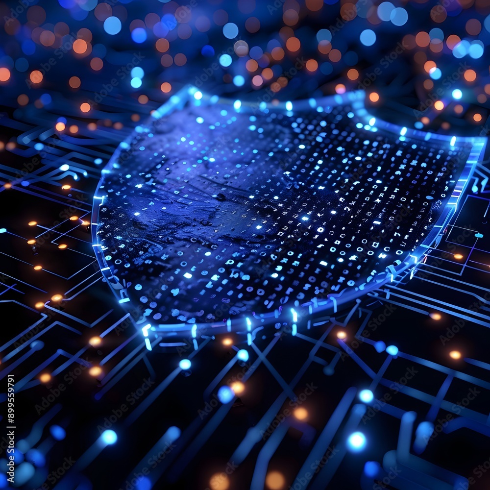 Poster abstract digital shield with binary code symbolizing cybersecurity insurance concept