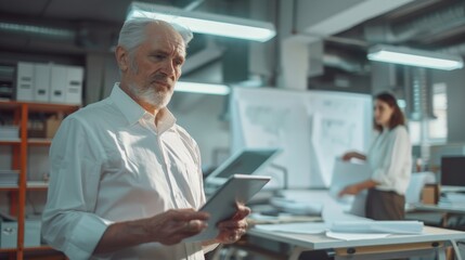 Senior engineer analyzing plans on tablet in industrial office. Focused elderly professional in white shirt