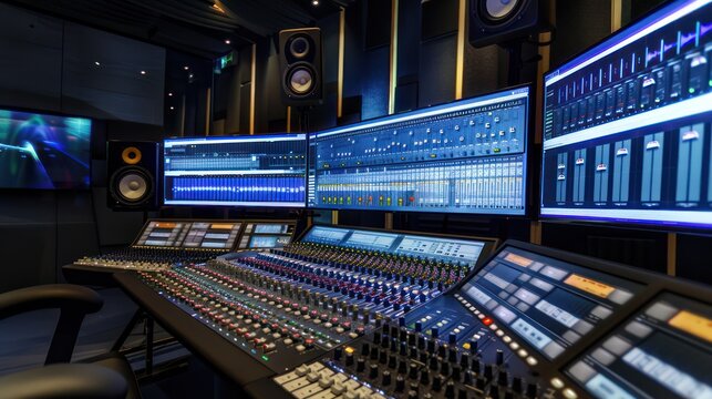 state-of-the-art audio recording studio with digital mixing boards and waveform monitors on sleek screens
