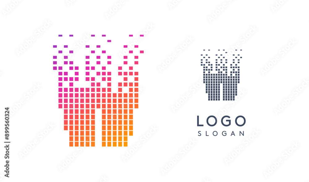 Aufkleber Pixelated Letter W transitioning into scattered pixels with gradient colors creating modern, digital effect like equalizer. Abstract logo for tech software and digital media. Vector illustration.