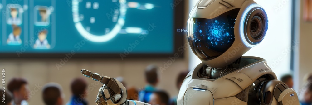 Poster robotic teacher engaging students with digital lessons in a modern classroom. cutting-edge ai and te