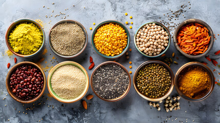 An array of assorted spices and grains in colorful bowls on a grey surface, showcasing a diverse collection of culinary ingredients.