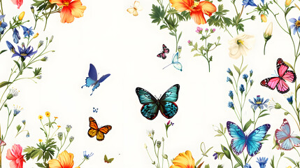Obraz premium A seamless pattern featuring colorful butterflies and blooming flowers on a white background, perfect for textiles, wallpapers, and decorative designs.
