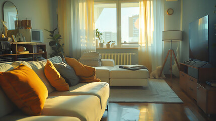 A photo of a mid-century modern interior in a small apartment living room with windows and a sofa. Generative AI

