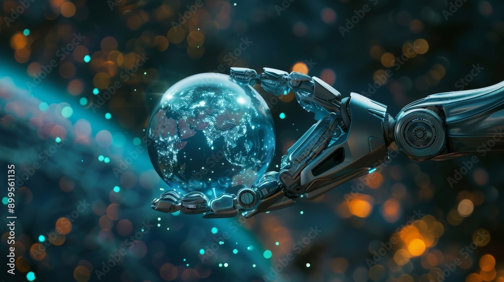 Poster futuristic robotic hand holding a glowing globe. concept of global technology and artificial intelli