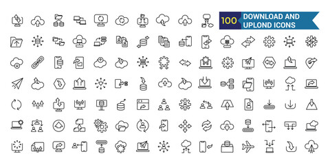 Download and upload icon collection. Outline icon collection. Editable vector stroke.