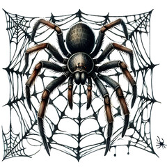 Fototapeta premium Detailed illustration of a large spider on its web, perfect for Halloween decorations and spooky themes.