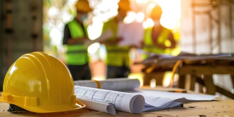 Close-up of a yellow helmet on a construction site table with a blurred engineer and architects in the background, holding paper and a laptop computer working together on a new project plan.
