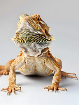 Bearded Dragon Basking on Plain White Background in Close Up Portrait