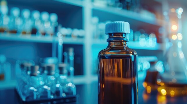 Selective focus on toluene in dark glass bottle in chemistry lab with copy space Aromatic hydrocarbon in petrochemical industry