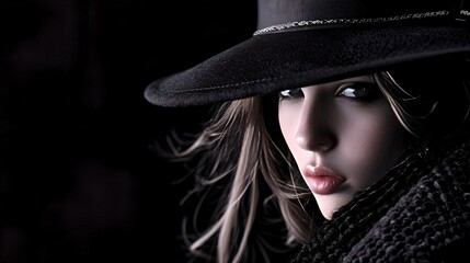 Close-up portrait of a fashionable woman wearing a wide-brimmed hat, exuding elegance and mystery in a dark setting.
