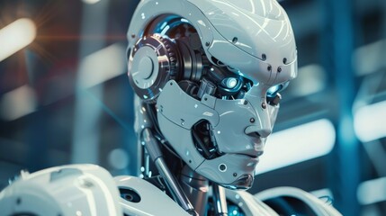 Fototapeta premium Close-up of a humanoid robot with glowing blue eyes. Illustration of advanced AI and robotic technology.
