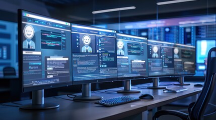 tech-enabled customer service center with advanced chatbot interfaces displayed on multiple monitors