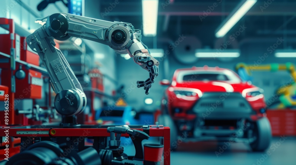 Poster Robot arm working in an advanced car manufacturing workshop. Futuristic industrial automation and precision engineering concept.