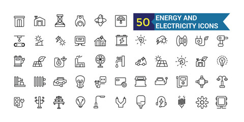 Energy and electricity icon set. Outline icon collection. Editable vector stroke.
