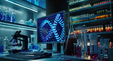 A computer monitor displays a complex DNA structure - Powered by Adobe