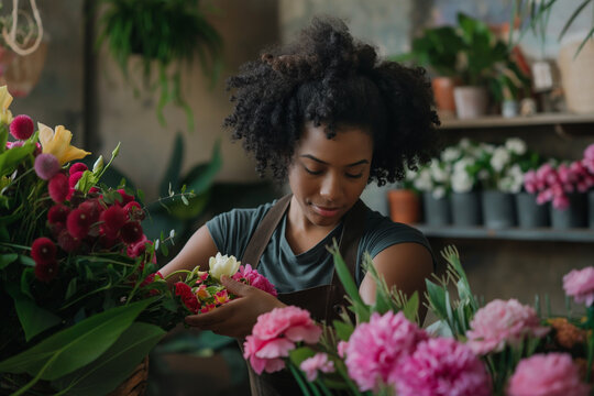 A portrait of an African American woman florist meticulously arranging a vibrant bouquet