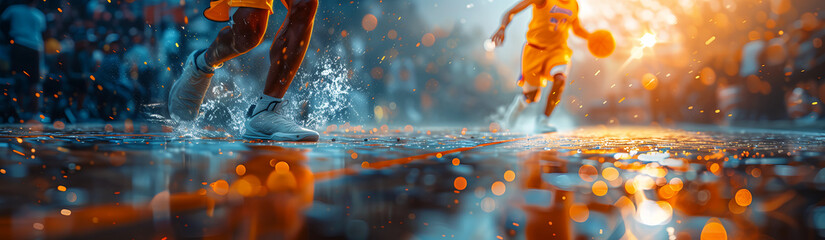 Basketball sports banner, basketball game banner, basketball players in the rain, sport banner