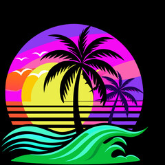 palm trees on the beach on a black background, neon colors, ocean waves at sunset, vector design, vacation and travel concept, World tourism day
