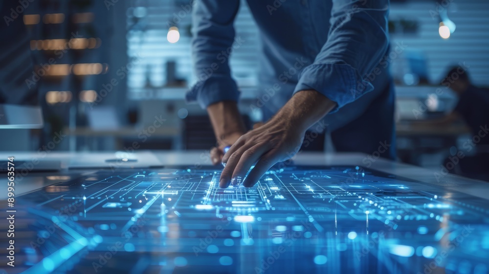 Aufkleber Engineer using advanced holographic interface in a modern office. Technology and innovation in engineering design.