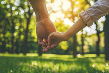 Young Child Grasping Parent's Hand in Summer Outdoors, generative ai