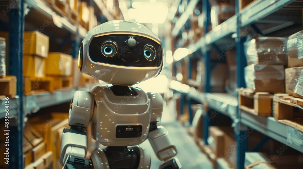 Poster Cute robot in a warehouse environment. Representing the intersection of robotics and everyday logistics.