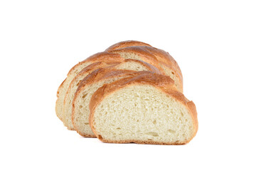 Sliced fresh loaf of white bread on white background.