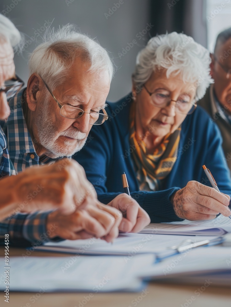 Aufkleber a group of elderly individuals work together, writing notes and sharing ideas, fostering connection 