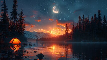 Adventurous Camping Trip Under Starry Night Sky in Forest