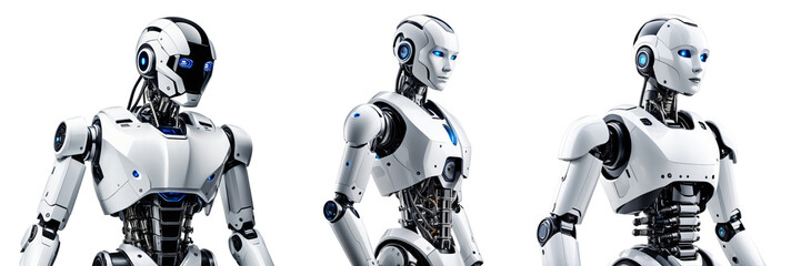 Set of advanced artificial intelligence humanoid robots isolated on a transparent background