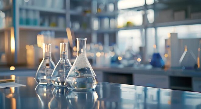 Three glass beakers filled with water sit on a counter in a laboratory