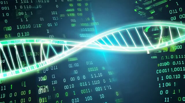 Dynamic digital illustration of dna structure with data patterns and binary code