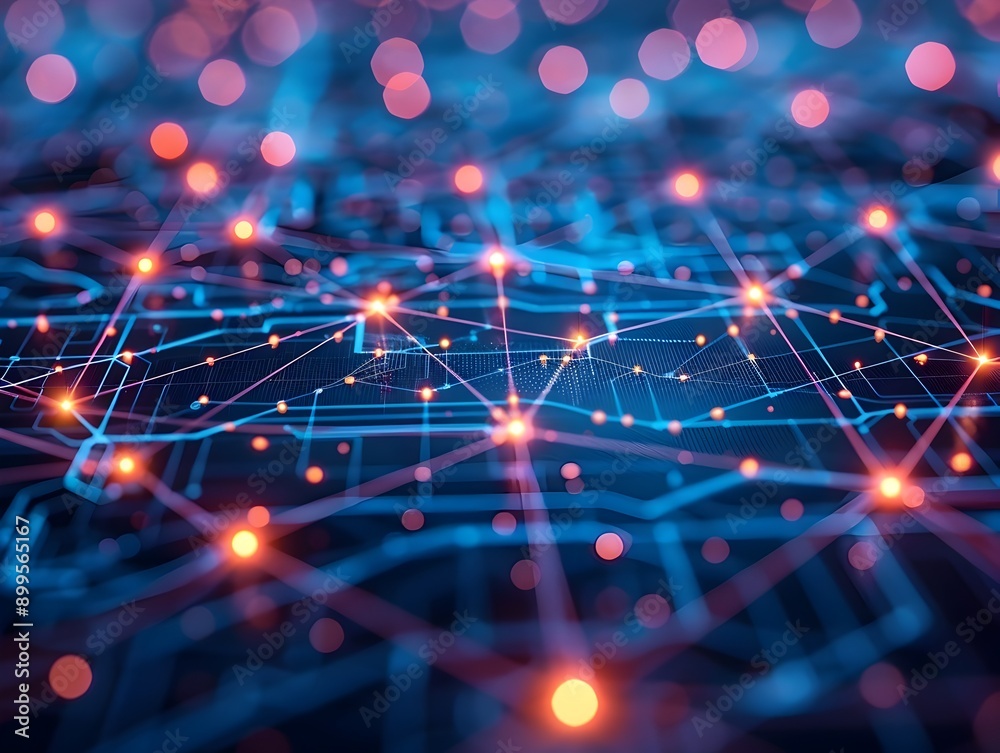 Poster cybernetic network with glowing nodes and lines representing digital connections and high tech futur