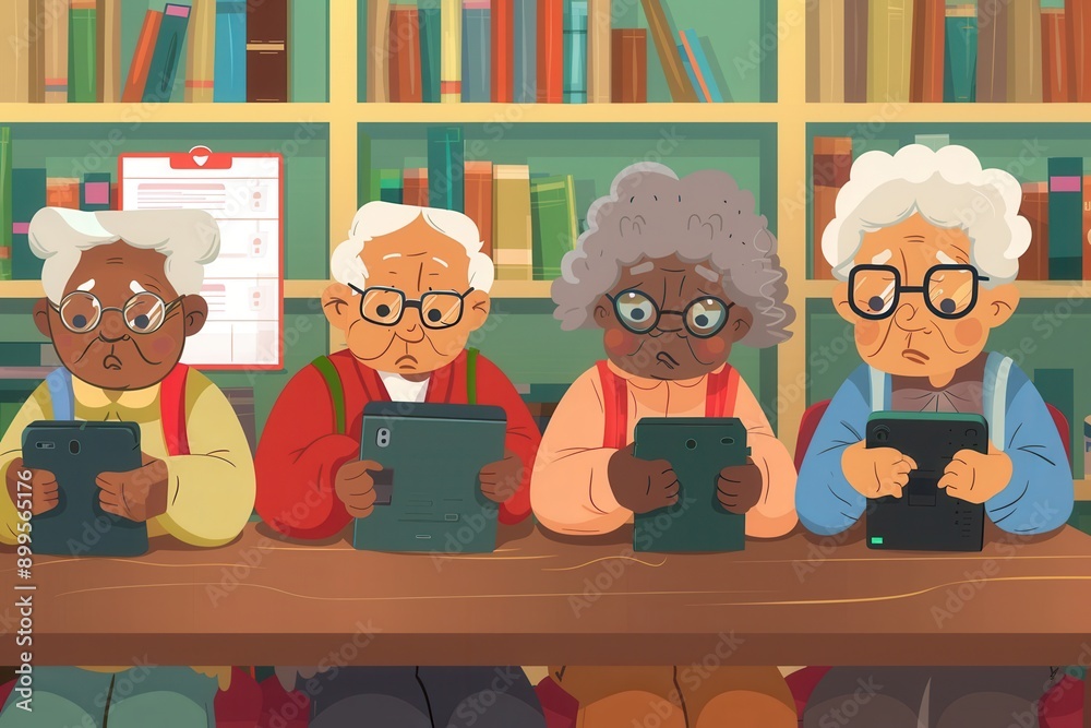 Aufkleber A group of elderly individuals focuses on their tablets while sitting at a long table in a community center library filled with books. Generative AI