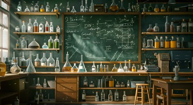 A chemistry lab with a chalkboard on the wall