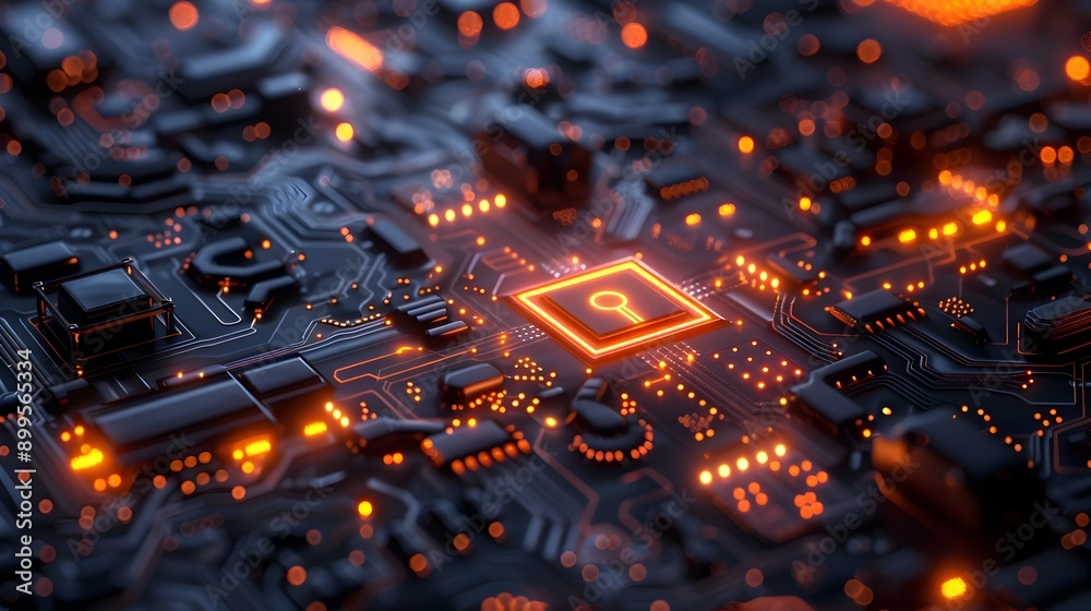 Poster cybersecurity interface with glowing lock and futuristic circuit patterns
