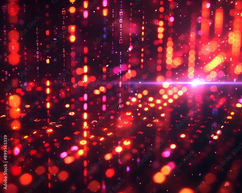 Poster flowing binary code and neon lights forming a captivating digital data stream backdrop