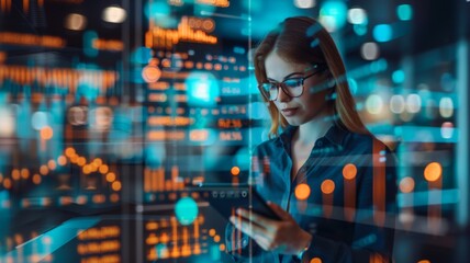 Fototapeta premium Young Professional Woman Analyzing Data on Tablet in Modern High-Tech Office with Digital Interface and Data Visualizations