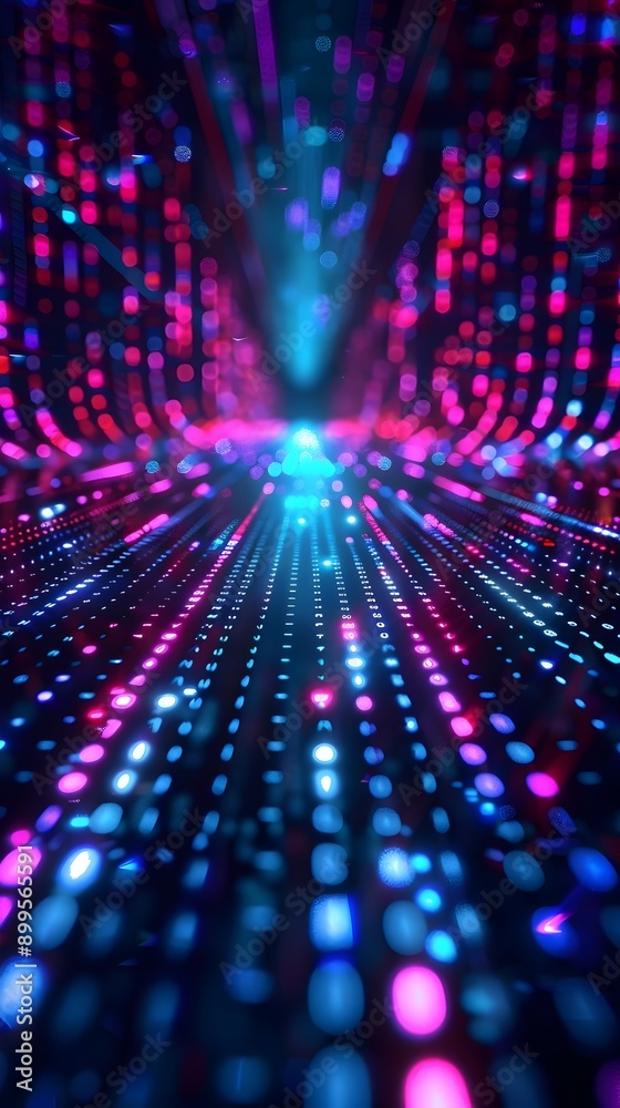 Poster digital matrix with flowing binary code and neon lights cyber theme with endless data stream