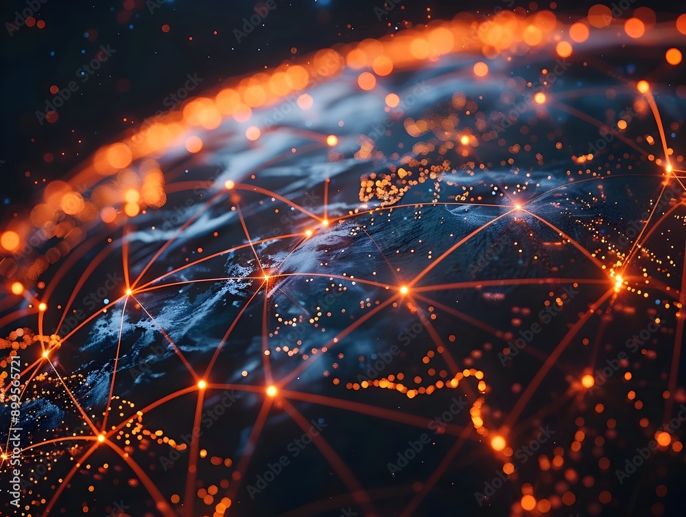 Poster glowing digital globe with interconnected network nodes and lines representing global cyber connecti