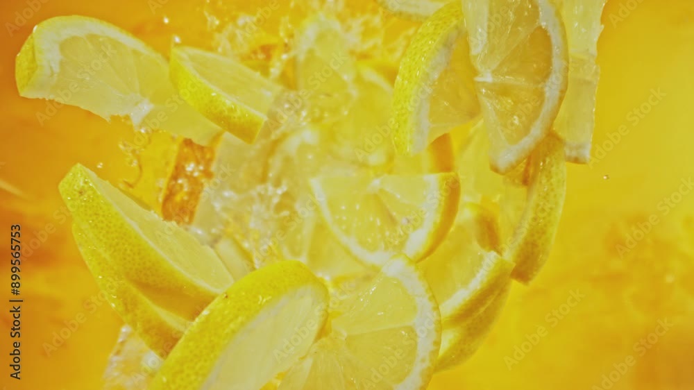 Poster super slow motion of falling lemon slices into water, colored background. filmed on high speed cinem