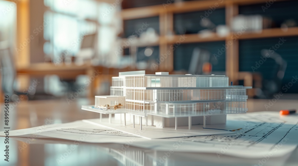 Poster architectural model of a modern building on blueprints in a bright office. precision in design and u