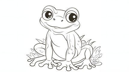 A black and white illustration of a happy frog sitting on grass, perfect for a children's coloring page, featuring a friendly and whimsical design.
