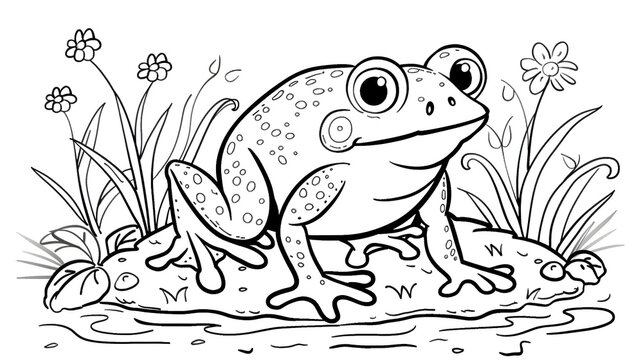 A black and white illustration of a frog sitting on a lily pad, surrounded by flowers, perfect for a children's coloring page, featuring a cute and detailed design