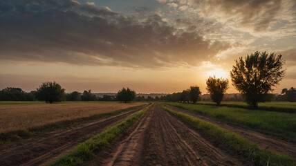 Scenic a field with trees and dirt way on sunset view.