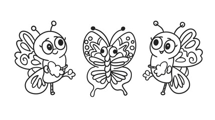 Obraz premium Cute black and white illustration of three cartoon butterflies in flight, perfect for children's coloring books and educational materials.