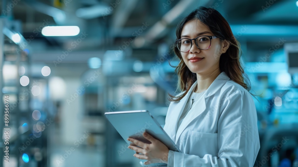 Poster engineer in a lab coat holding a digital tablet in an advanced manufacturing facility. modern techno